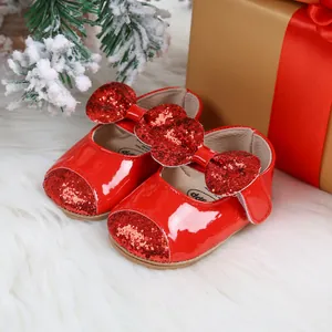 Detail of red glitter bow baby princess shoes for Christmas gift