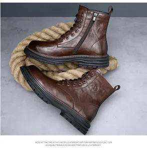 Detailed side view of vintage brown leather men's work boots with EVA foam sole