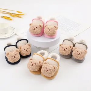 Soft cartoon teddy bear baby shoes in multiple colors for warm winter wear