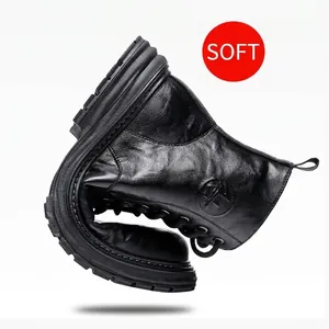 Premium flexible black genuine leather high-top Martin boots for men with durable thick soles