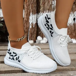 Dames Fly-knit Sneakers Dikke Zool Plateau Hardloopschoenen Ademend Luipaardprint Casual Sportief Lichtgewicht Tennisschoenen