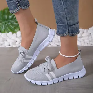 Lightweight grey mesh slip-on walking shoes for women with breathable knit upper and soft sole