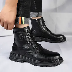Bottines Martin en cuir noir pour hommes avec semelle épaisse antidérapante