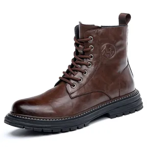 Classic brown leather Martin boots for men with thick slip-resistant soles and laces.