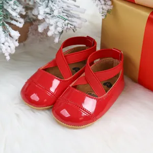 Red patent leather baby princess shoes with elastic cross straps for Christmas