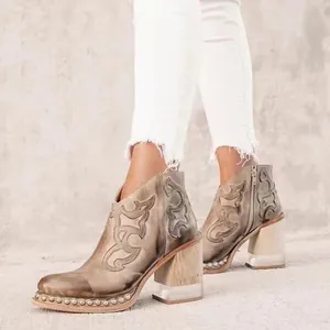 Botines bordados vintage para mujer con tacones altos de bloque transparentes