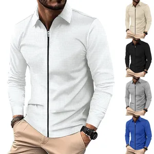 Veste Gaufrette Décontractée pour Hommes Col à Revers Cardigan Zippé Manches Longues Vêtement d'Extérieur Léger en Poliester pour Automne