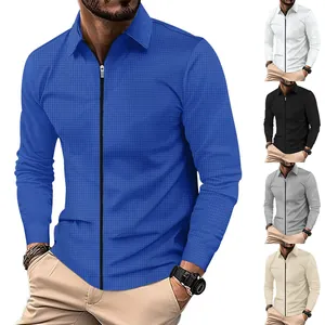 Chemises à manches longues en maille gaufrée pour hommes avec fermeture éclair et col