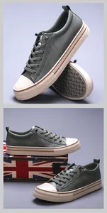 Zapatillas casuales de cuero para hombre verde militar con vista lateral y de la suela