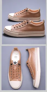 Vista detallada lateral y superior de zapatos casuales de cuero marrón para hombre
