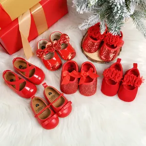 Red Baby Girl Christmas Princess Shoes Soft Sole Prewalker Toddler Shoes with Bow Rose Decor Infant Festive Holiday Shoes
