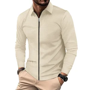 Veste décontractée chic en tricot gaufré beige avec fermeture éclair pour hommes