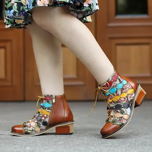 Handmade Leather Burnished Vintage Patchwork Women Ankle Boots Ethnic Paisley Pattern Western Cowboy Boots Brown Boots