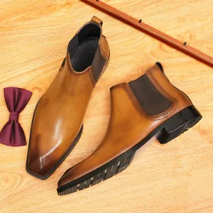 Botas Chelsea de Cuero de Vaca Genuino para Hombre Formal de Negocios Retro Británico Bruñido Punta Puntiaguda Botas de Vestir