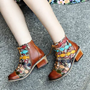 Vintage leather patchwork ankle boots with paisley print and chunky heel style detail