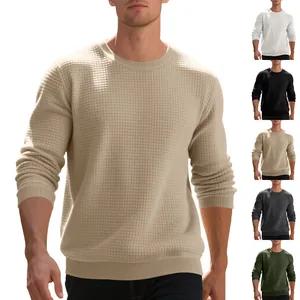 Detailed view of men's crew neck waffle knit sweatshirt showing multiple color variations