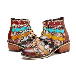 Handmade vintage leather patchwork ankle boots with paisley print and metal studs