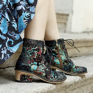 Close-up of vintage floral embroidered boots with intricate Chinese style patterns