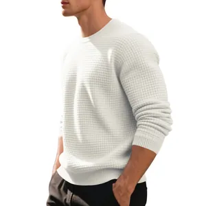 Close-up of white waffle knit texture on men's crewneck long-sleeve sweatshirt