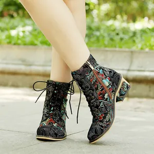 Detailed view of women's vintage Chinese style floral print ankle boots with side zipper