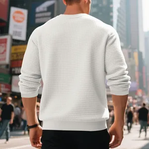 Detailed back view of a men's relaxed white waffle knit crewneck sweatshirt urban