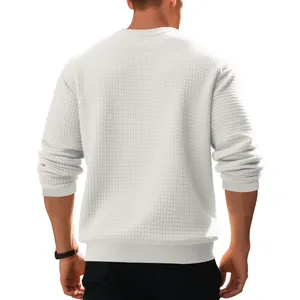 Back view of men's white jacquard waffle knit long sleeve sweatshirt with round neck