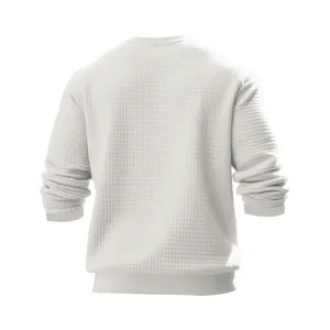 Back view of men's white long sleeve waffle knit sweatshirt with textured square pattern
