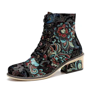 Detailed view of vintage Chinese style embroidered floral ankle boots with chunky heel