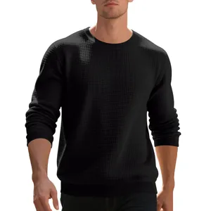 Detail view of a black waffle-knit crewneck sweatshirt for men with a relaxed fit.