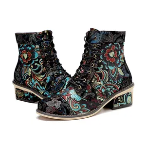 Vintage floral embroidered women's ankle boots featuring vibrant Chinese style pattern