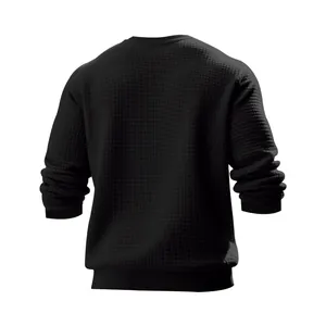 Back view of a men's casual black sweatshirt featuring a detailed waffle knit texture