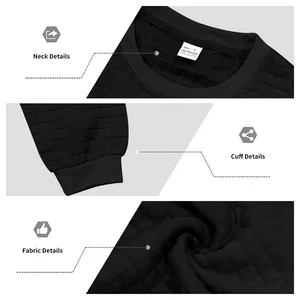 Close-up of neck, ribbed cuff and jacquard fabric details on black sweatshirt.