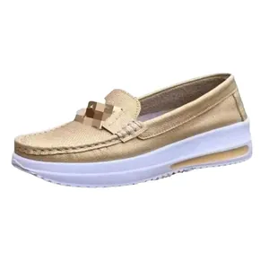 Women's casual beige loafers featuring a comfortable platform and air cushion sole