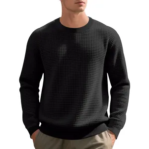 Classic black waffle knit sweatshirt for men with a comfortable crew neck design