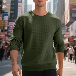 Men's olive green waffle-knit crewneck long-sleeved sweatshirt with urban background detail