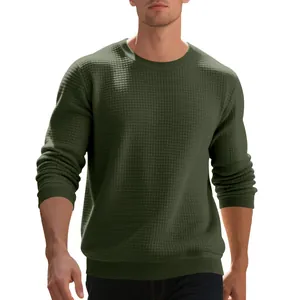 Detail view of men's olive green waffle knit sweatshirt with a classic round neck.