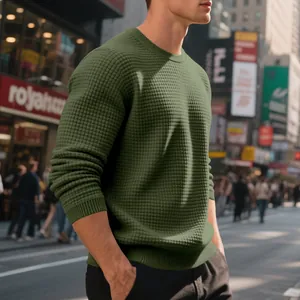 Stylish men's olive green waffle-knit crewneck sweatshirt with long sleeves for autumn.