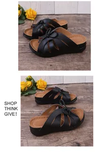 Elegant black wedge sandals featuring a stylish bow and breathable hollow cutout design