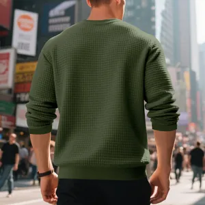 Detail view showing back of men's olive green waffle-knit sweatshirt with jacquard texture