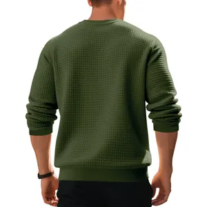 Detailed back view of men's olive green waffle knit sweatshirt with jacquard texture