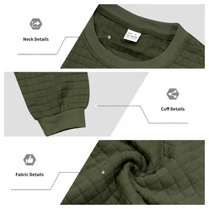 Close-up of army green men's sweatshirt showing collar, cuff, and jacquard texture