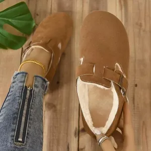 Mules de Gamuza Sintética con Hebilla para Mujer Forro de Felpa Cálido Suela Blanda Zapatos de Invierno Casual Camello Zuecos
