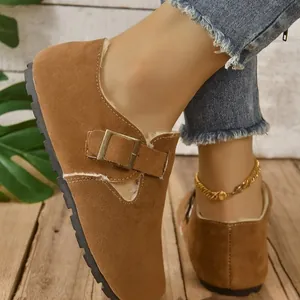 Zapatos planos de ante con forro de piel para mujer con hebilla elegante y suela blanda