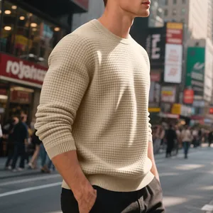 Close-up detail of men's beige waffle knit crew neck sweatshirt with casual American style