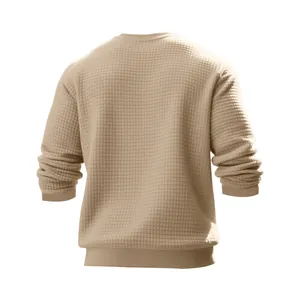 Back view of men's loose waffle knit crewneck sweatshirt in beige for autumn.