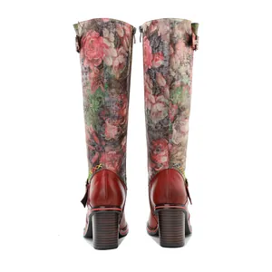Bottes hautes en cuir imprimé floral vintage avec talon bloc et boucle, vue de dos