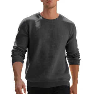 Detailed texture view of men's charcoal grey waffle knit crewneck casual sweatshirt