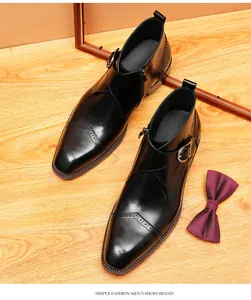 Bottines brogue classiques pour hommes en cuir noir avec fermeture éclair latérale