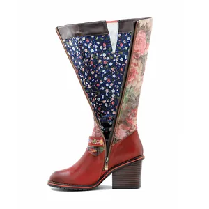Détails de bottes vintage en cuir avec patchwork floral, talon bloc et fermeture éclair