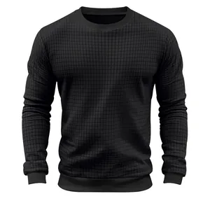 Men's slim fit black long sleeve crew neck t-shirt with unique checkered grid texture